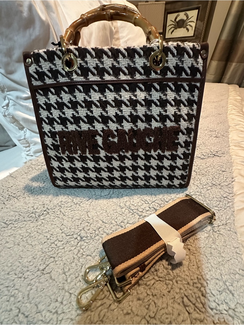 Brown & White Houndstooth Tote with Brown Trim and Bamboo Handles RiveGauche
